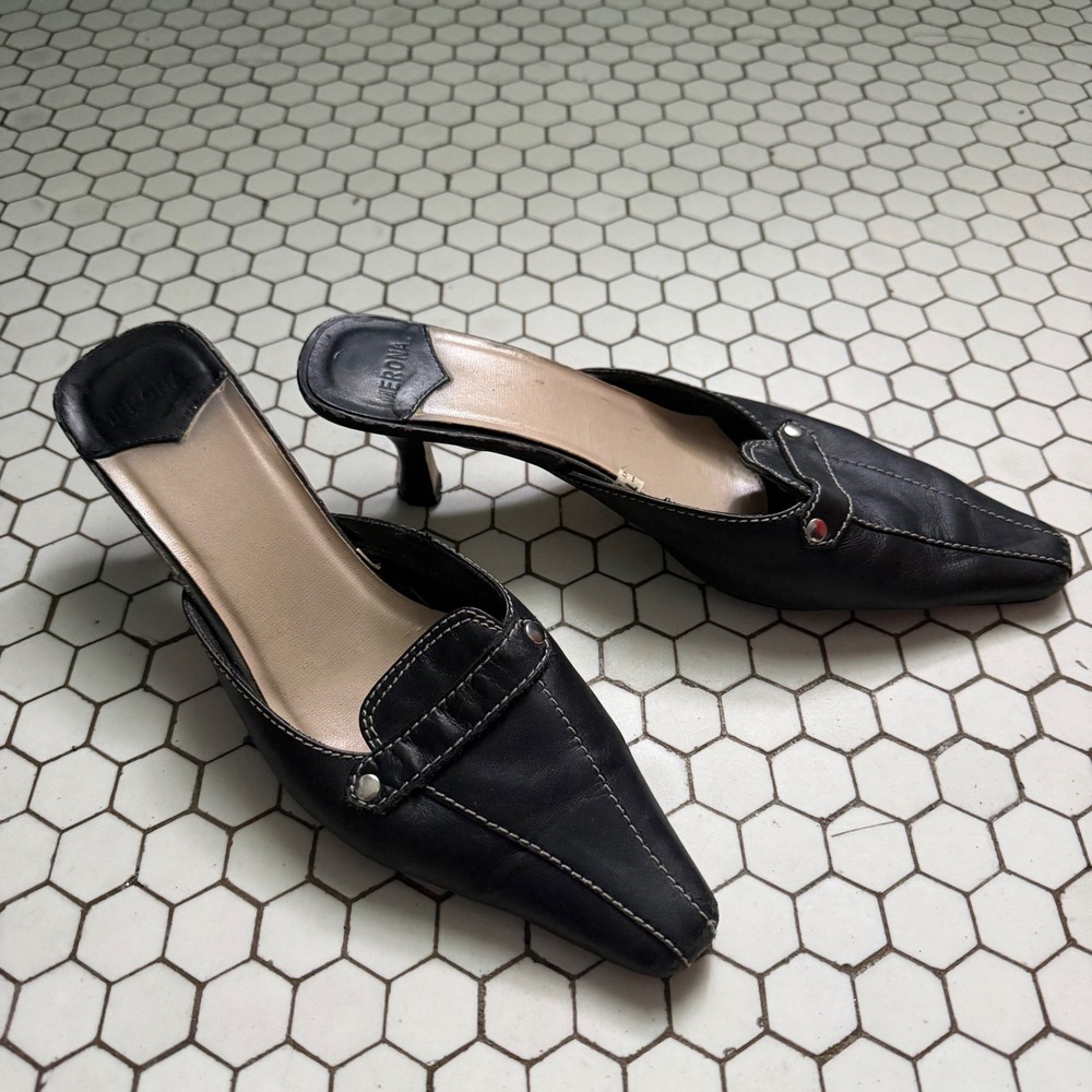 Merona Y2k Leather Pointed Toe Kitten Heel Mules Black Contrast Stitching 9.5